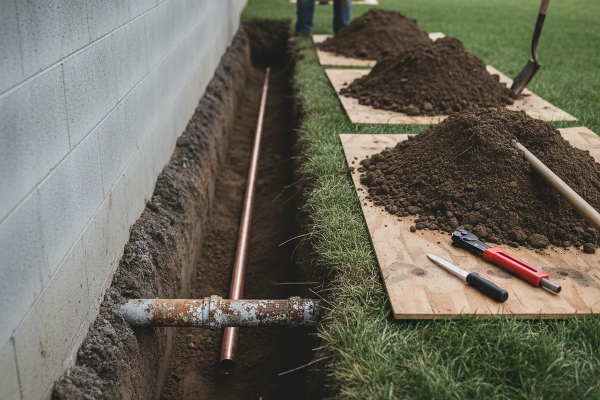 Excavated water line trench during Sewer Line Repair in Eminence